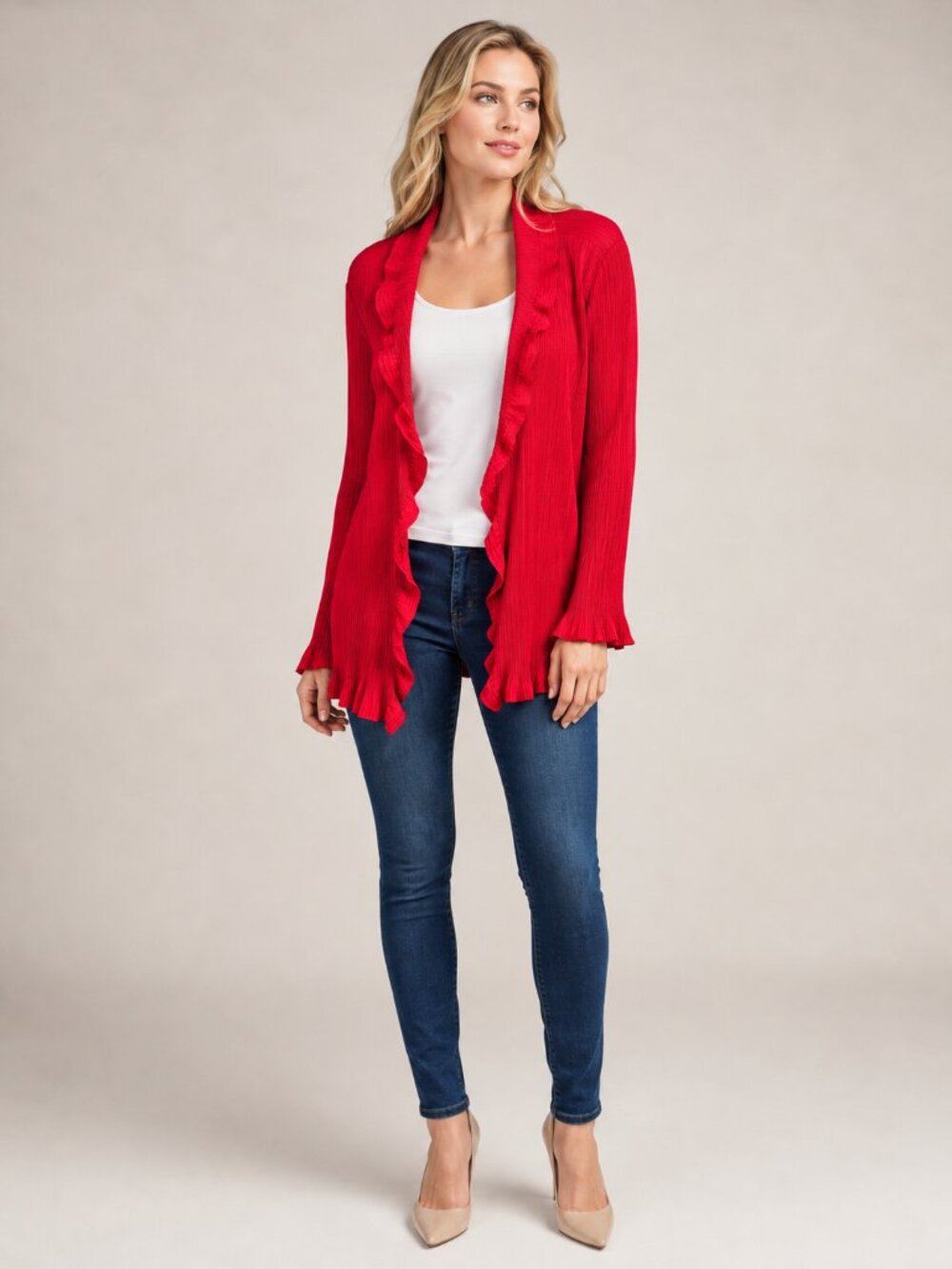 2/$30 Chico's Ruffle Ribbed Open Cardigan Red 12 #A4131